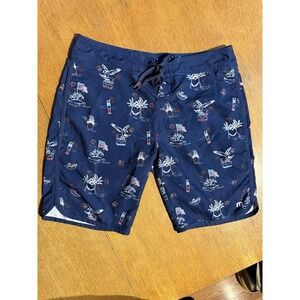 TravisMathew Board Shorts Mens 34 Navy Patriotic Island Print Drawstring Swim